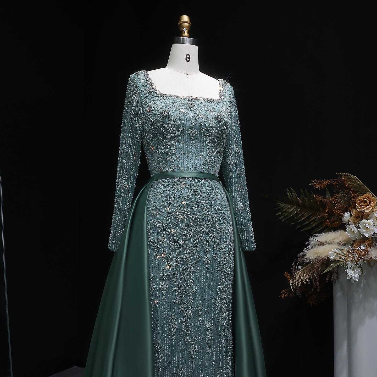 Teal Blue Beaded Square Neck A-Line Long Sleeve Evening Dress SS119