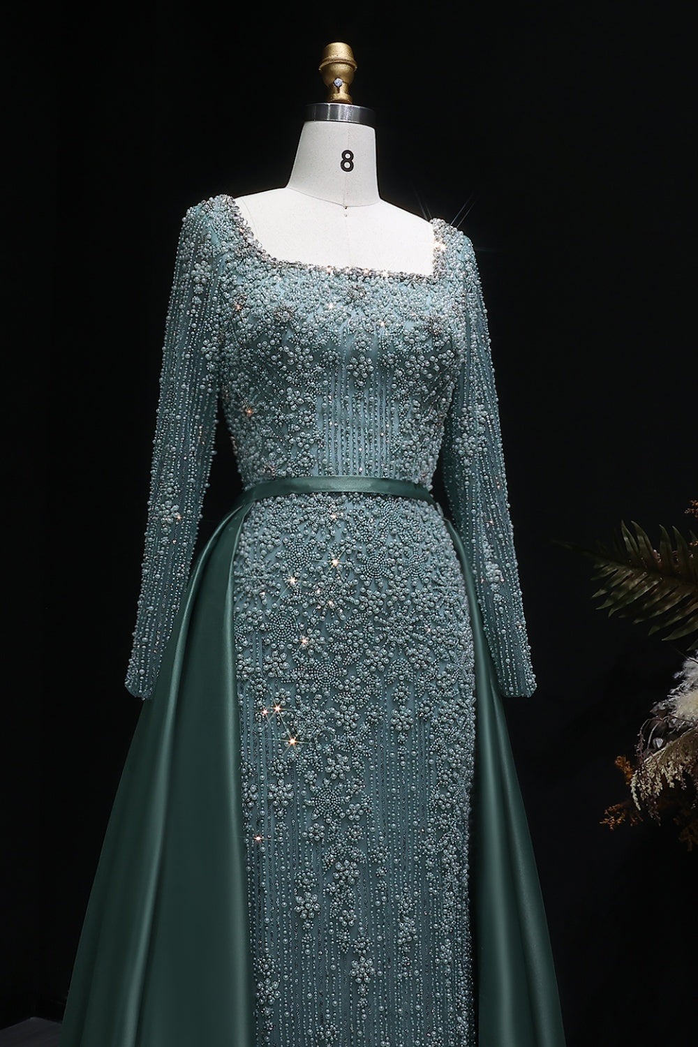 Teal Blue Beaded Square Neck A-Line Long Sleeve Evening Dress SS119 Sheer Fairy