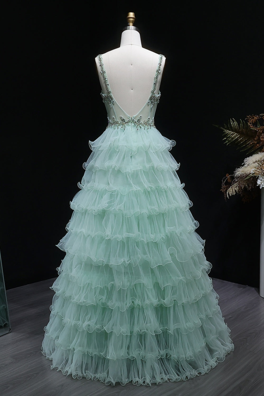 Mint Sage Green Spaghetti Strap 3D Floral Tiered Tulle Prom Dress SH054 Sheer Fairy