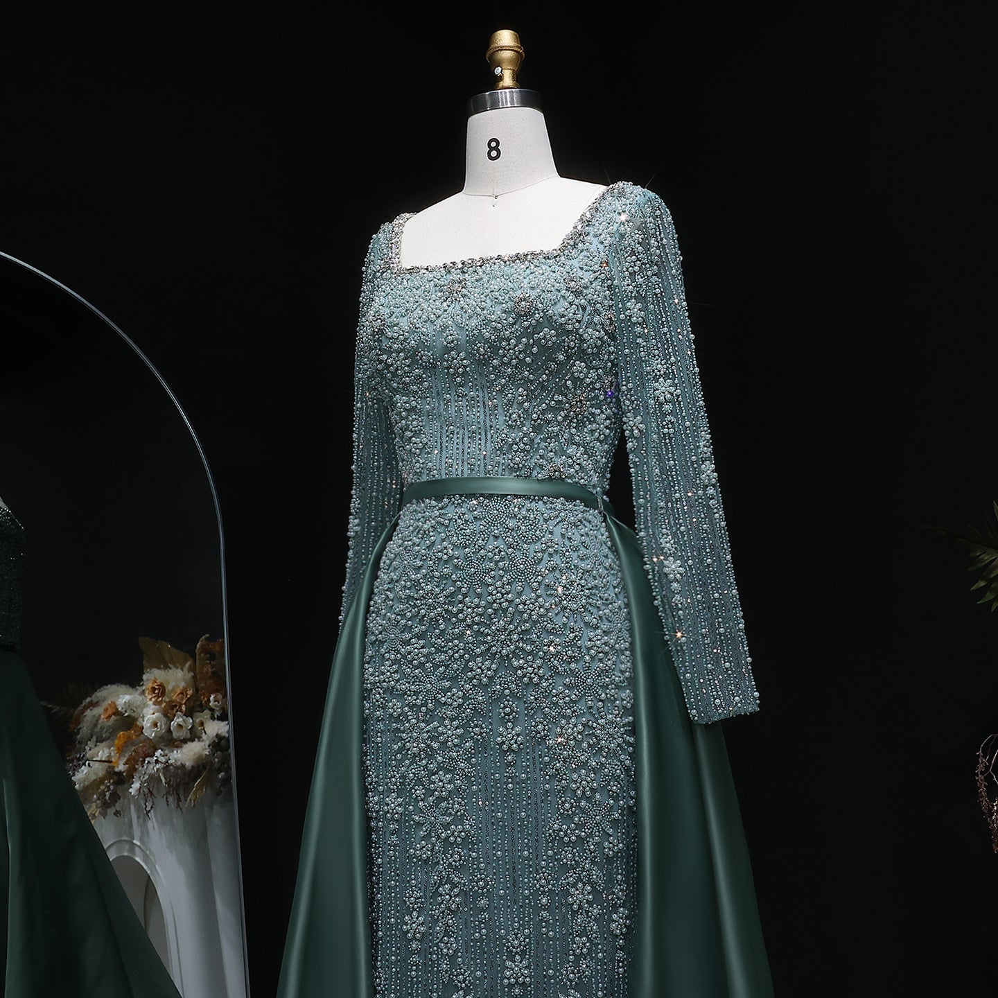 Teal Blue Beaded Square Neck A-Line Long Sleeve Evening Dress SS119