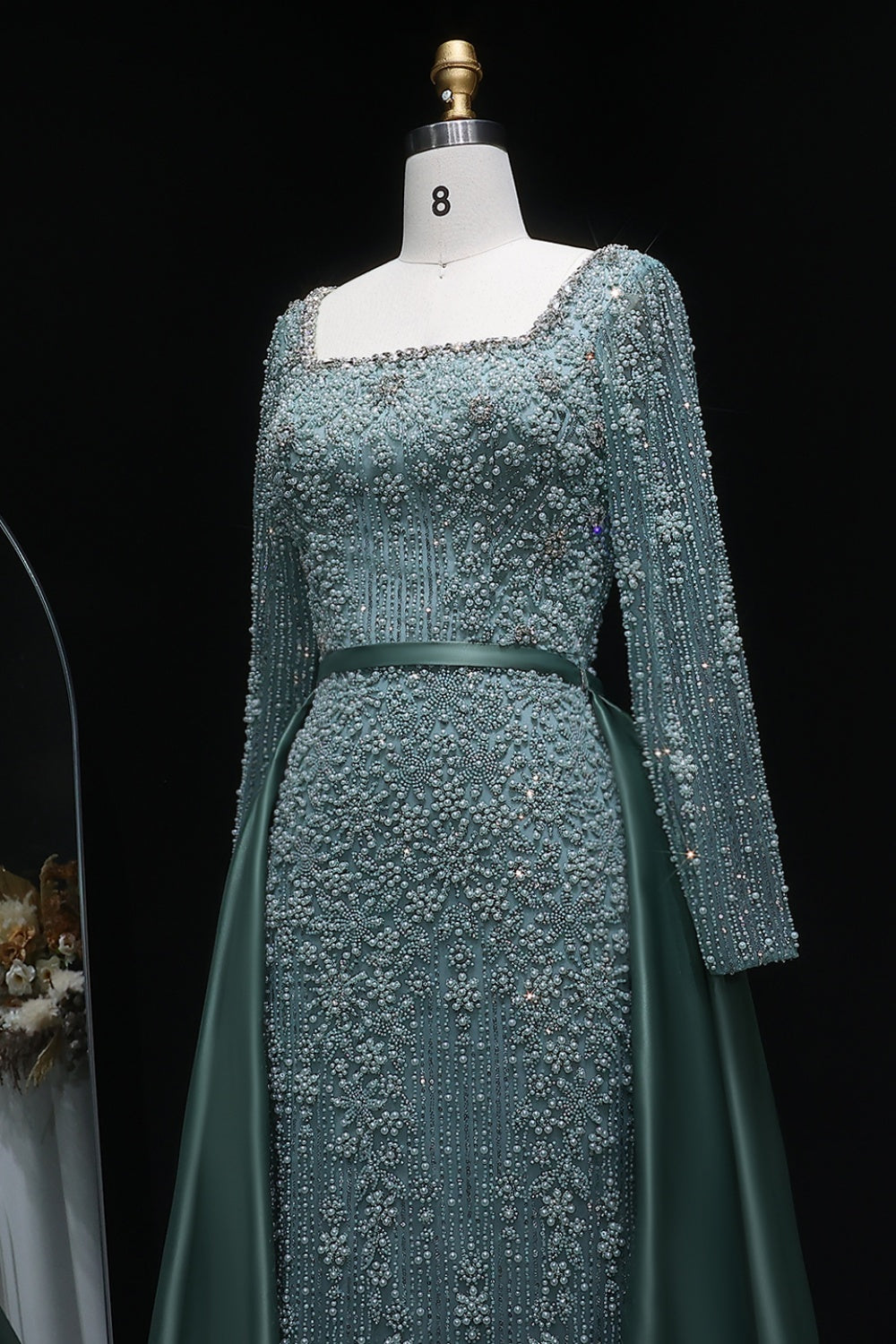 Teal Blue Beaded Square Neck A-Line Long Sleeve Evening Dress SS119 Sheer Fairy