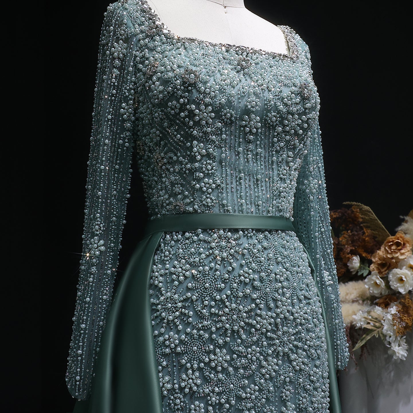 Teal Blue Beaded Square Neck A-Line Long Sleeve Evening Dress SS119