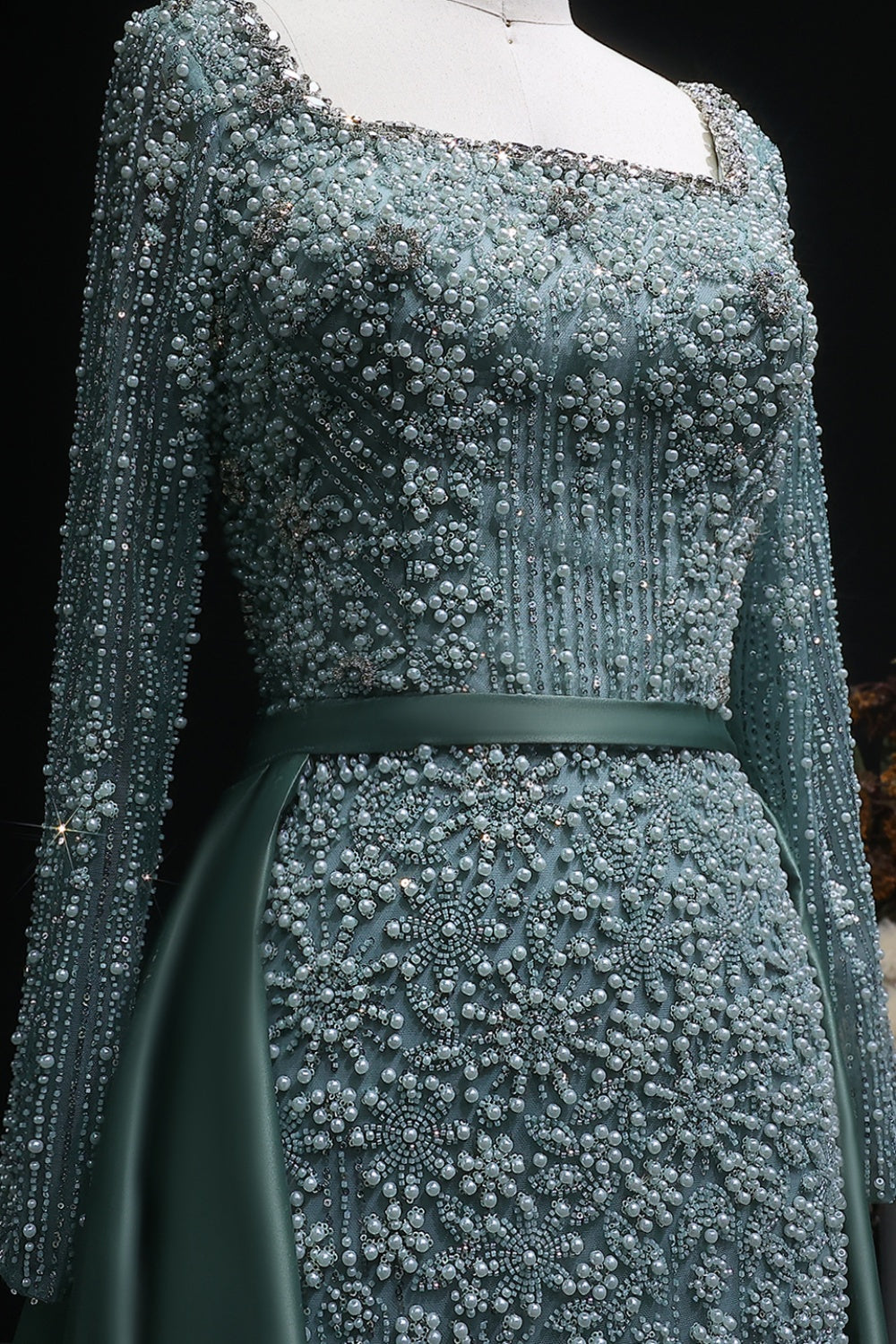 Teal Blue Beaded Square Neck A-Line Long Sleeve Evening Dress SS119 Sheer Fairy