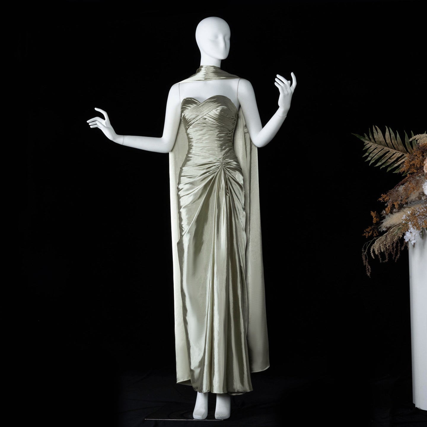 Mint Green Satin Strapless Evening Dress with Attached Cape SF157 Sheer Fairy