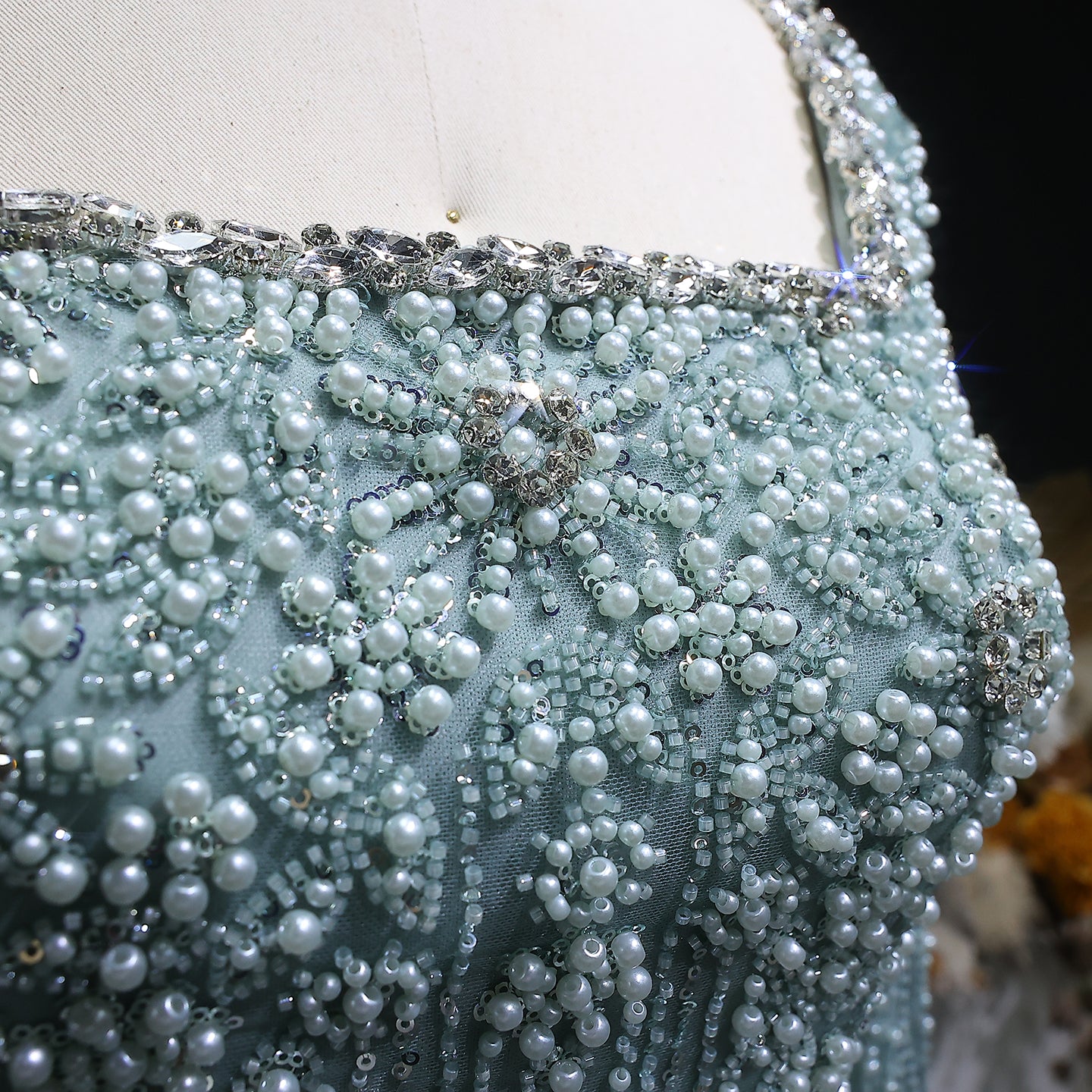 Teal Blue Beaded Square Neck A-Line Long Sleeve Evening Dress SS119