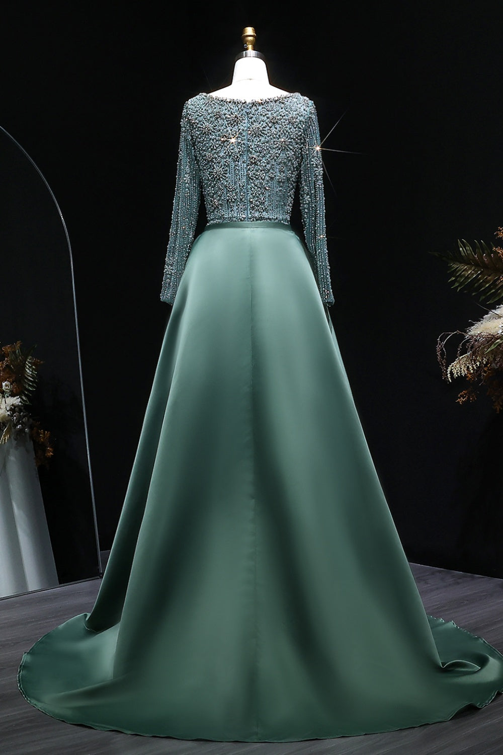 Teal Blue Beaded Square Neck A-Line Long Sleeve Evening Dress SS119 Sheer Fairy