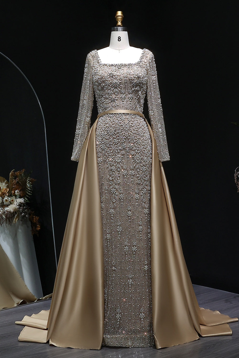 Teal Blue Beaded Square Neck A-Line Long Sleeve Evening Dress SS119 Sheer Fairy