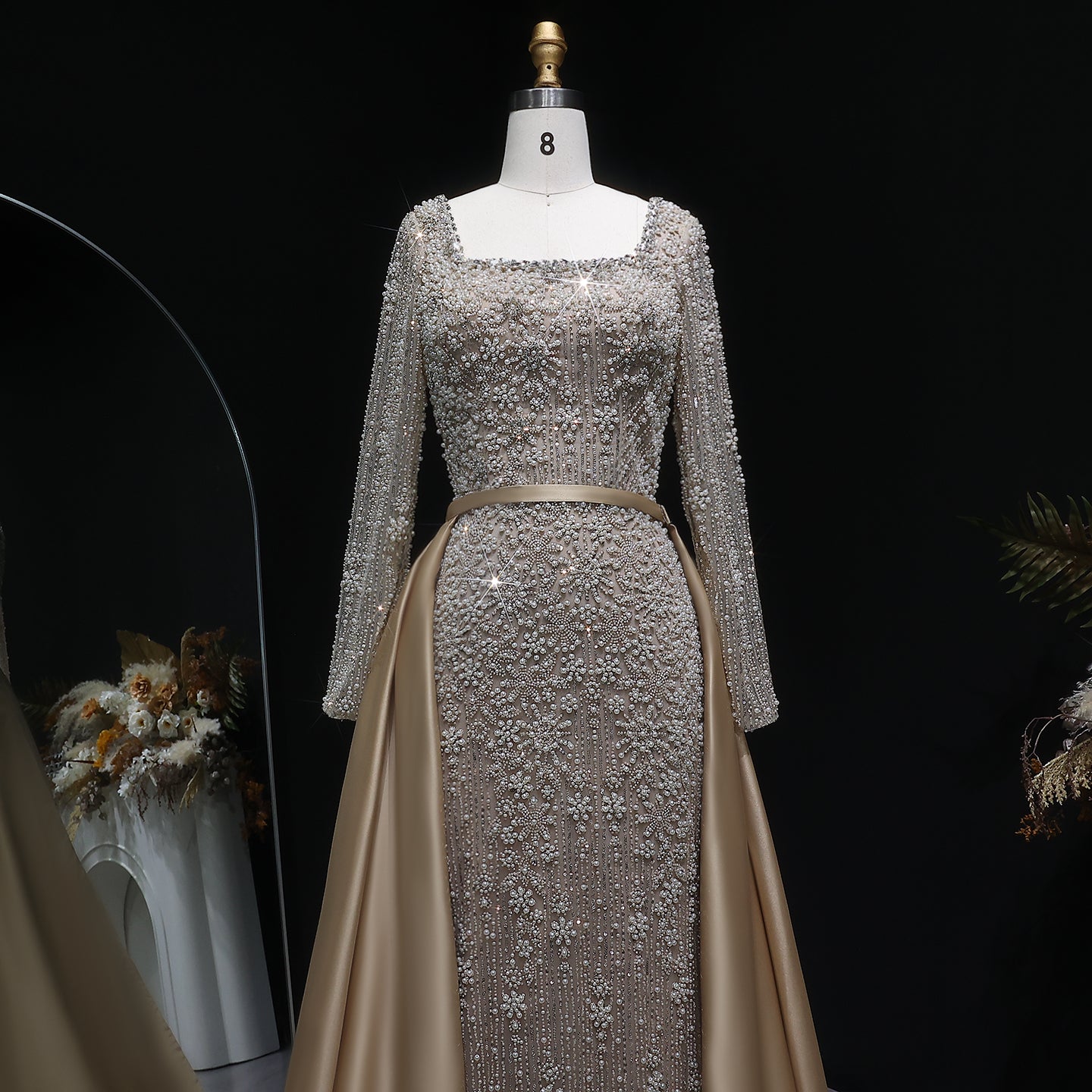 Teal Blue Beaded Square Neck A-Line Long Sleeve Evening Dress SS119