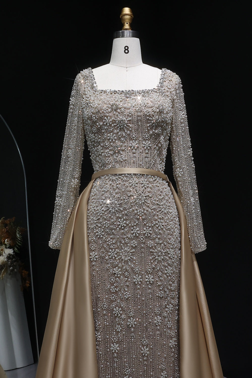 Teal Blue Beaded Square Neck A-Line Long Sleeve Evening Dress SS119 Sheer Fairy