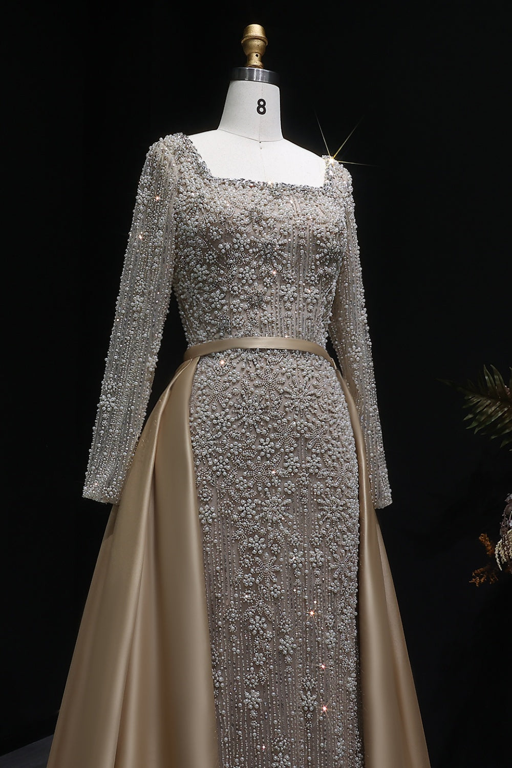 Teal Blue Beaded Square Neck A-Line Long Sleeve Evening Dress SS119 Sheer Fairy