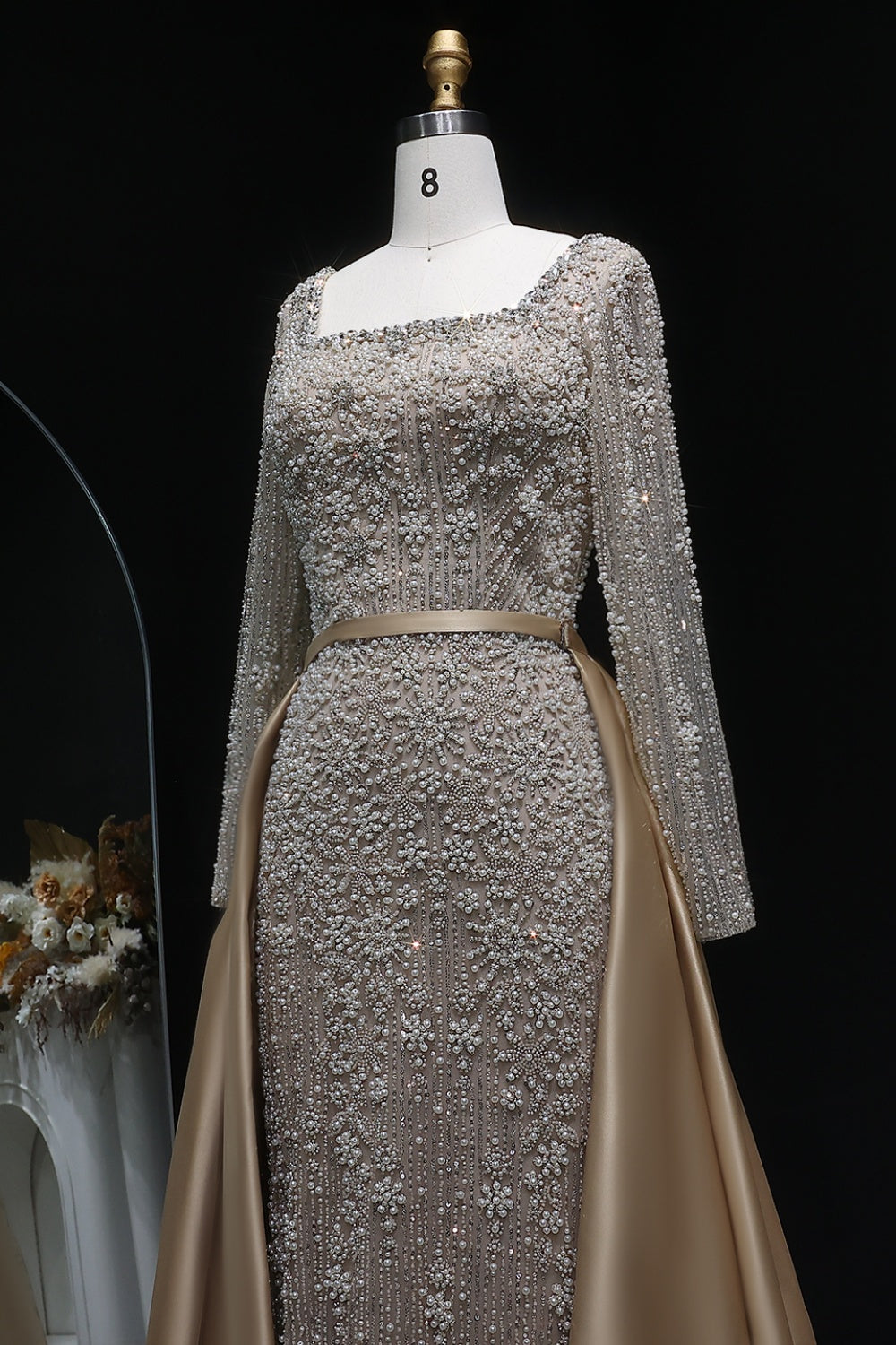 Teal Blue Beaded Square Neck A-Line Long Sleeve Evening Dress SS119 Sheer Fairy