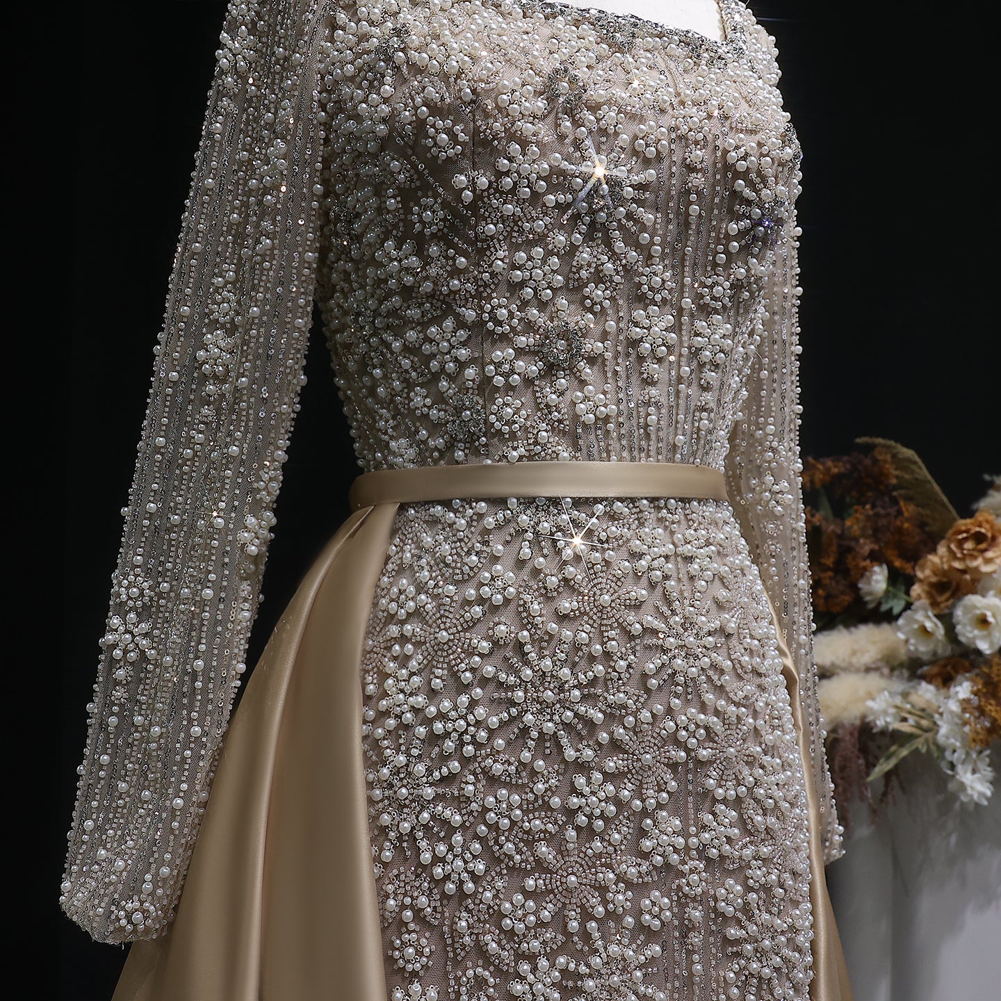 Teal Blue Beaded Square Neck A-Line Long Sleeve Evening Dress SS119