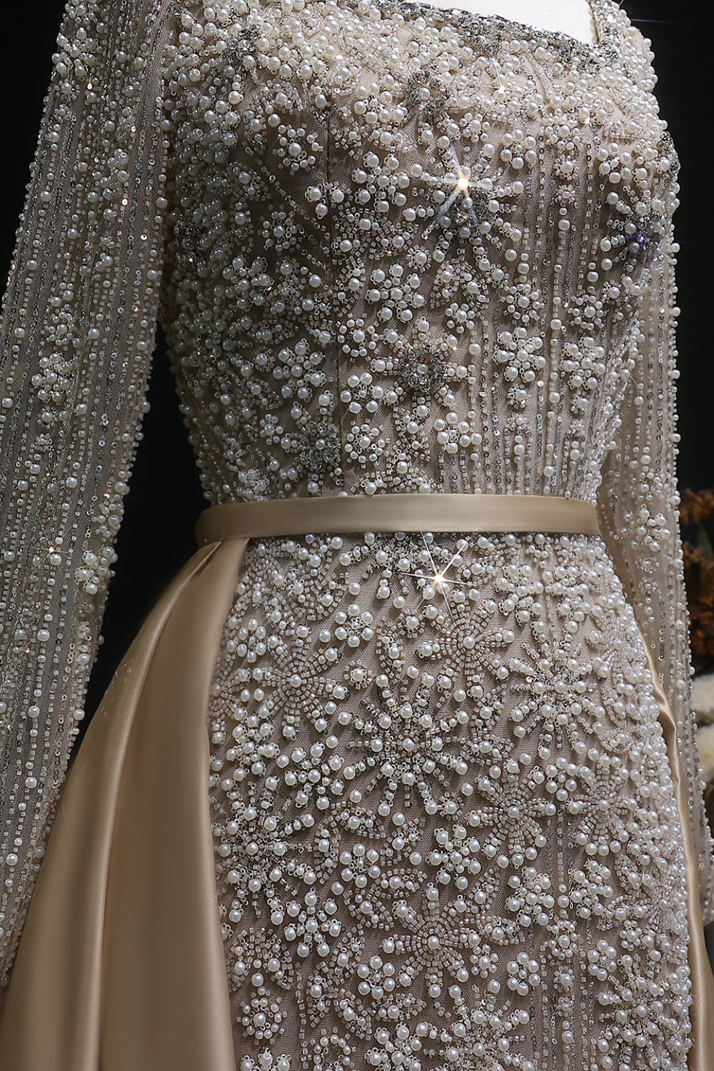 Teal Blue Beaded Square Neck A-Line Long Sleeve Evening Dress SS119 Sheer Fairy