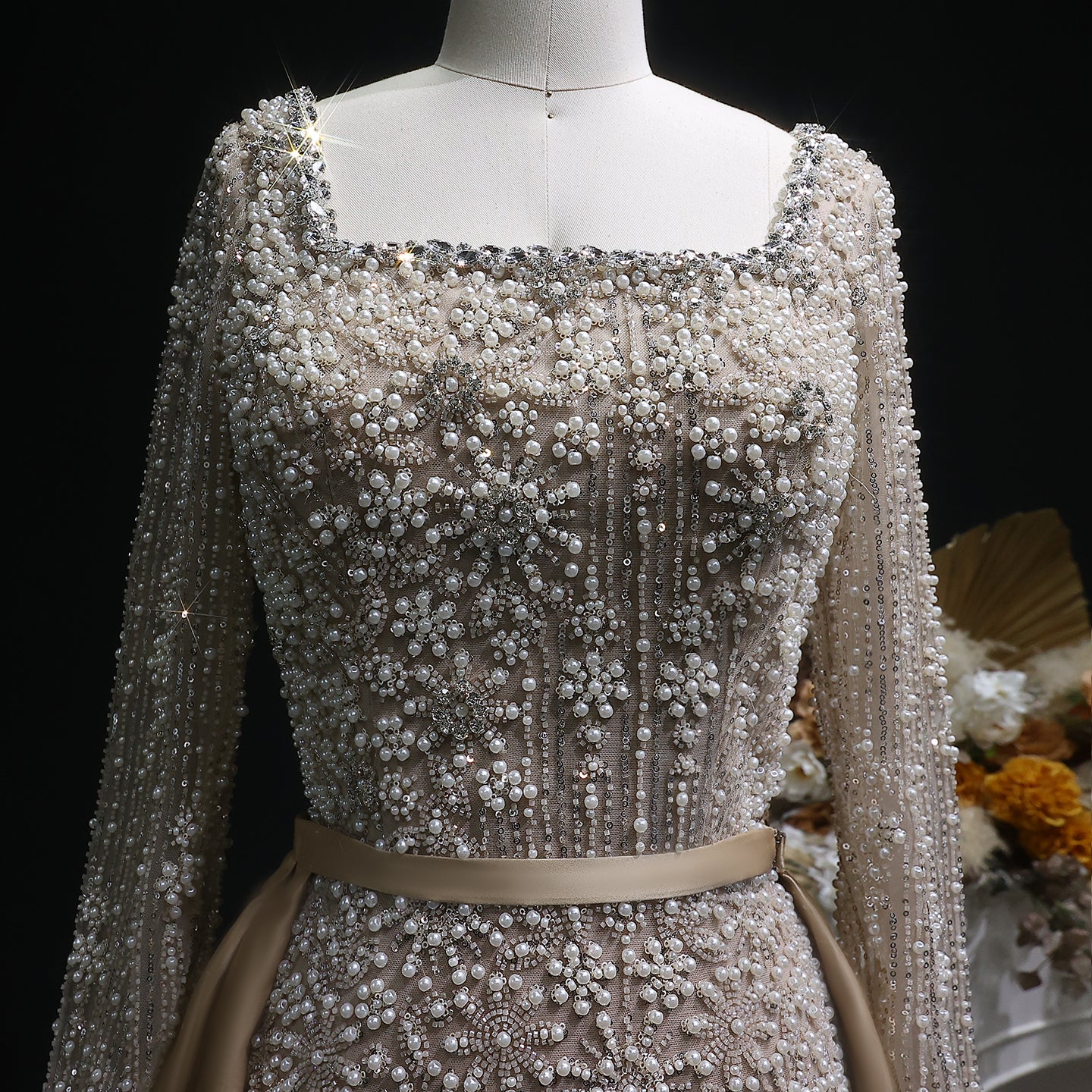 Teal Blue Beaded Square Neck A-Line Long Sleeve Evening Dress SS119