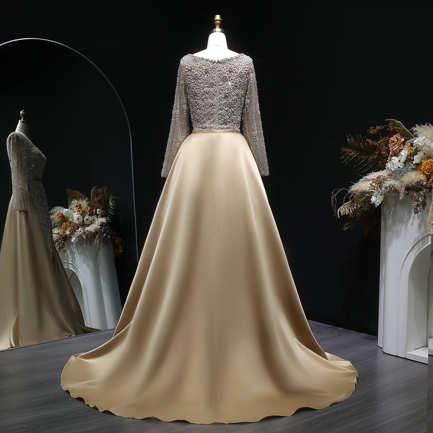 Teal Blue Beaded Square Neck A-Line Long Sleeve Evening Dress SS119