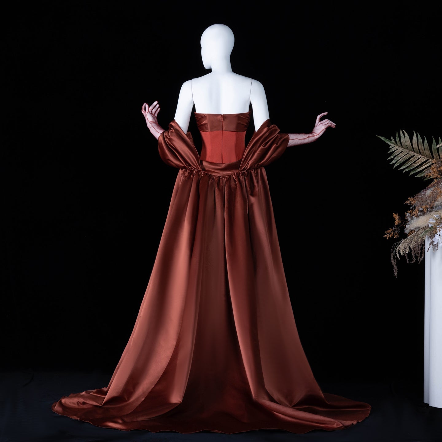 Modest Rust Red Strapless Satin Mermaid Evening Dress SF490 Sheer Fairy