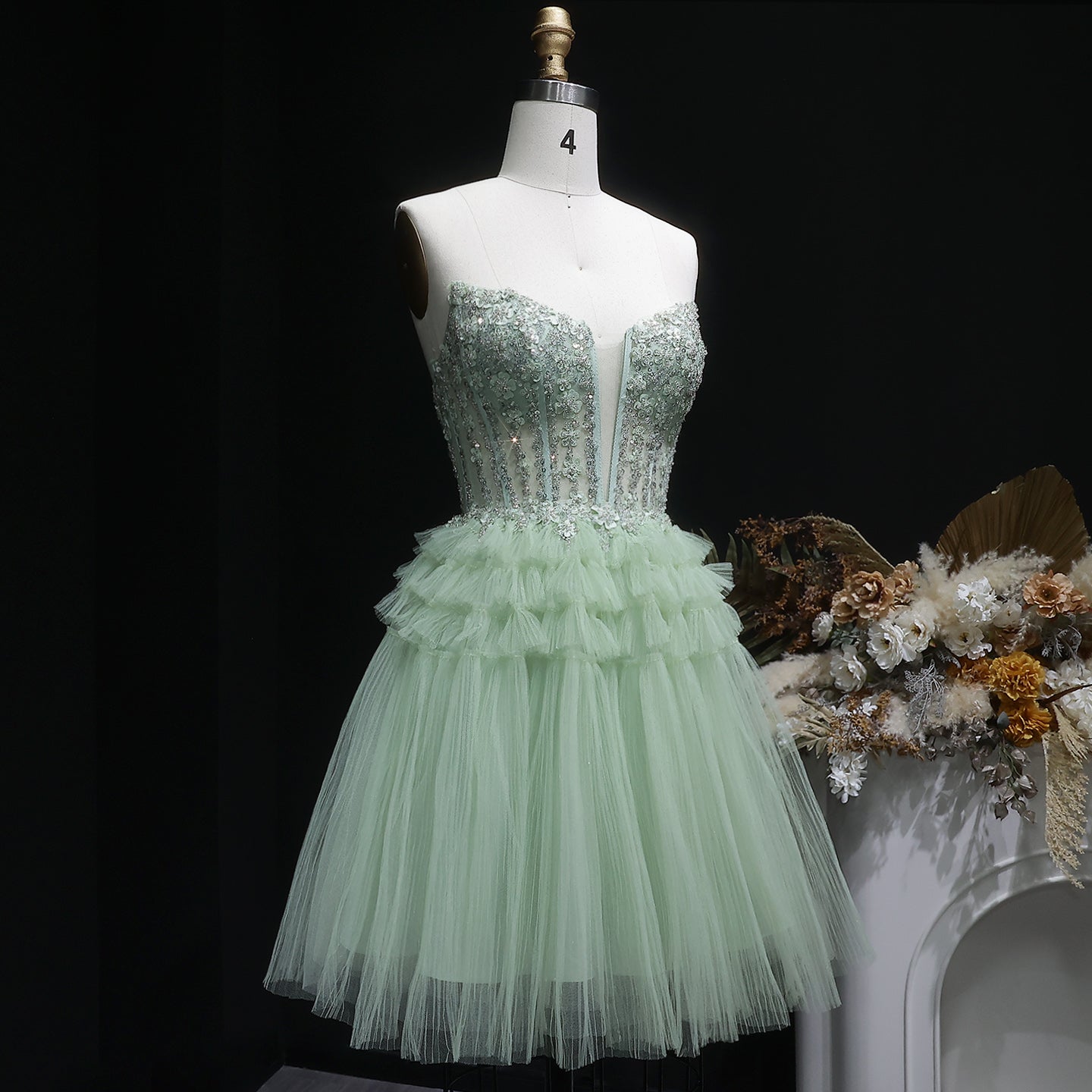 Mint Green Short Homecoming Dress Ball Gown Tulle Tiered Homecoming Dress RM137 Sheer Fairy