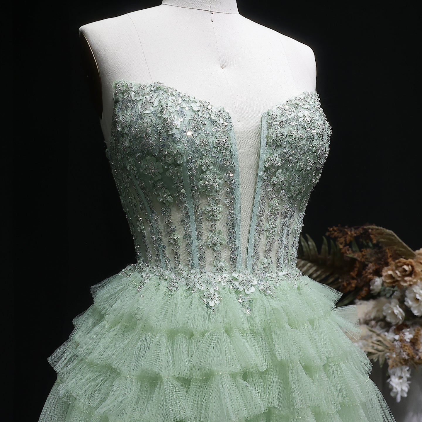 Mint Green Short Homecoming Dress Ball Gown Tulle Tiered Homecoming Dress RM137 Sheer Fairy