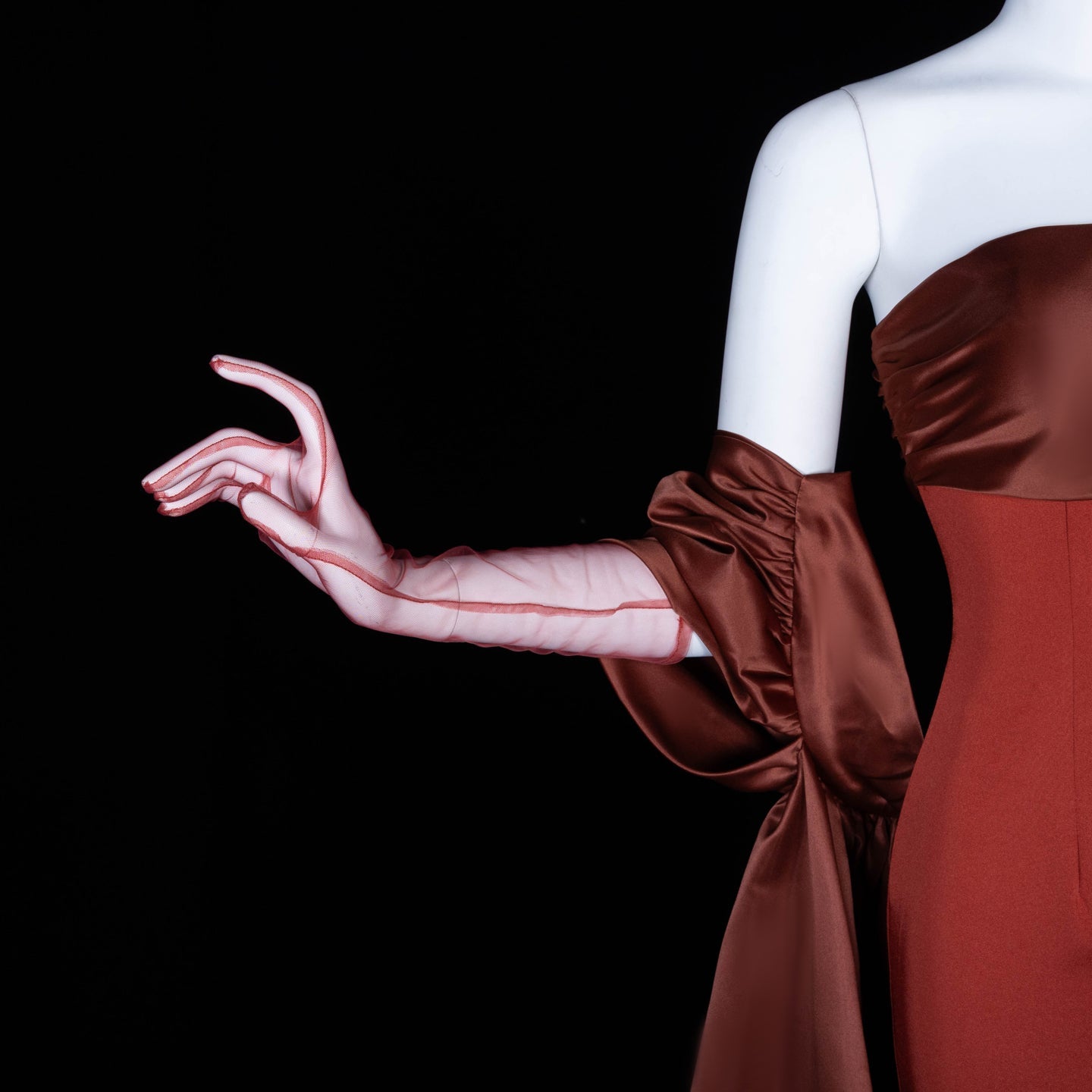 Modest Rust Red Strapless Satin Mermaid Evening Dress SF490 Sheer Fairy