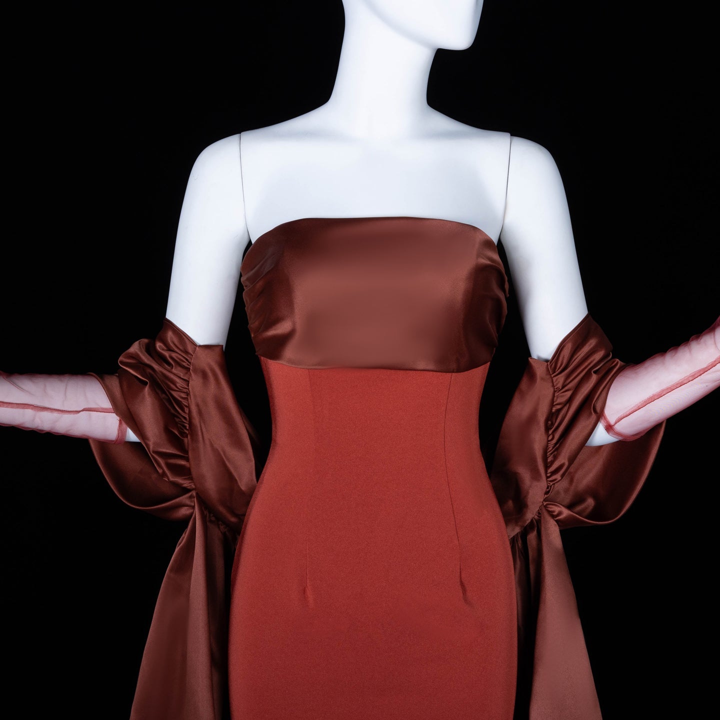 Modest Rust Red Strapless Satin Mermaid Evening Dress SF490 Sheer Fairy