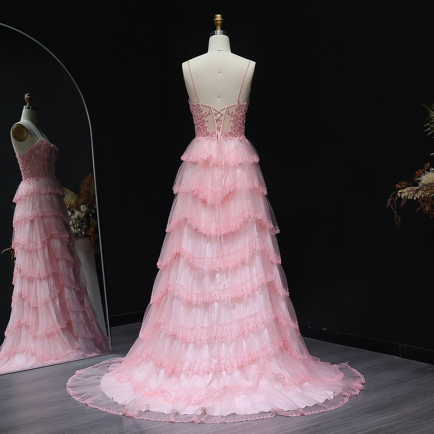 Elegant Pink Ruffled Tulle Prom Dress 2025 Spaghetti Straps Evening Birthday Party Gowns