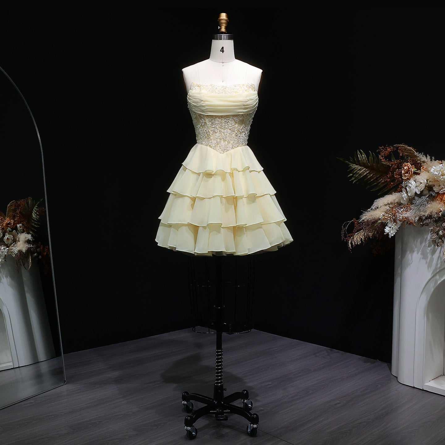 Yellow Strapless Lace Tiered Chiffon Homecoming Dress with Lace-Up Back RM143 Sheer Fairy