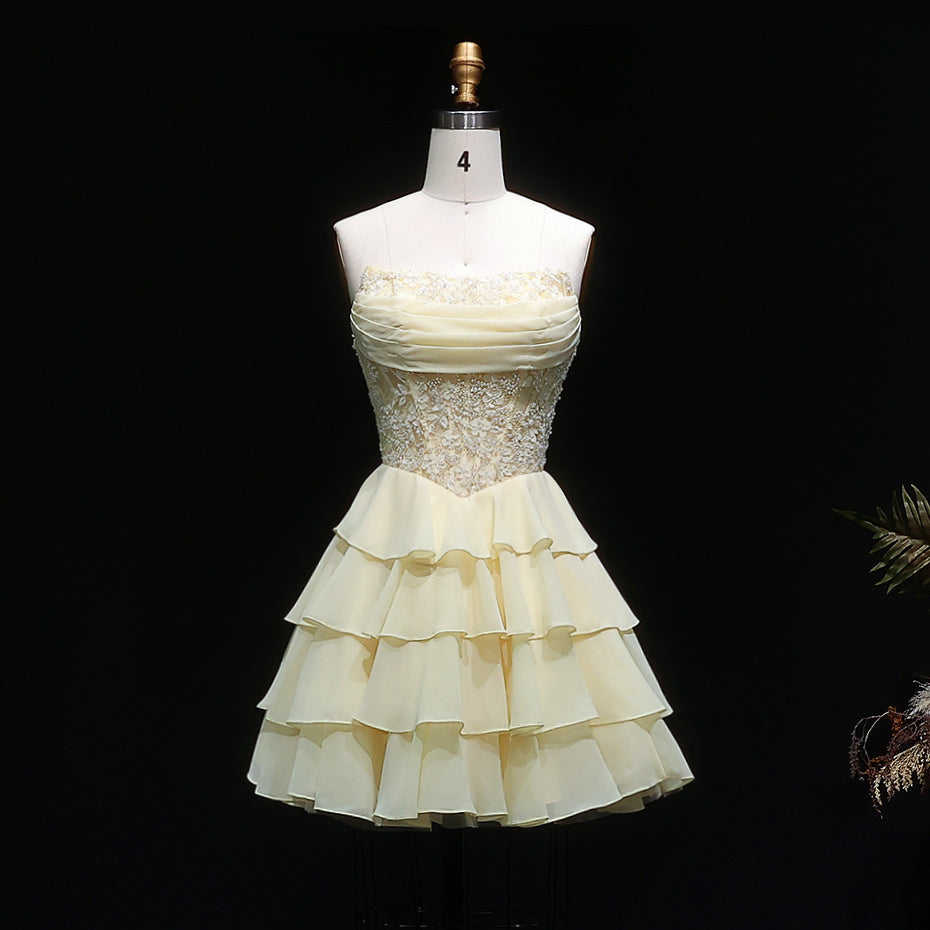 Yellow Strapless Lace Tiered Chiffon Homecoming Dress with Lace-Up Back RM143 Sheer Fairy