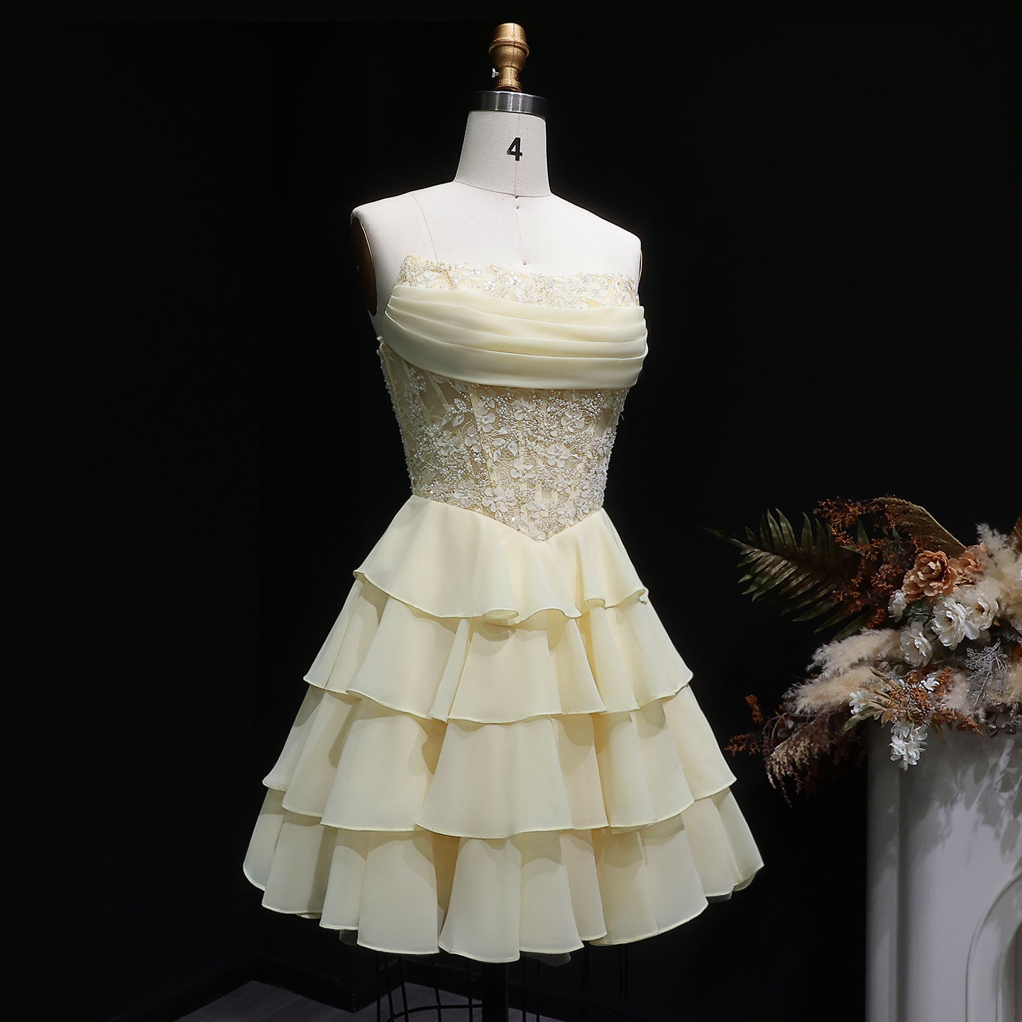 Yellow Strapless Lace Tiered Chiffon Homecoming Dress with Lace-Up Back RM143 Sheer Fairy