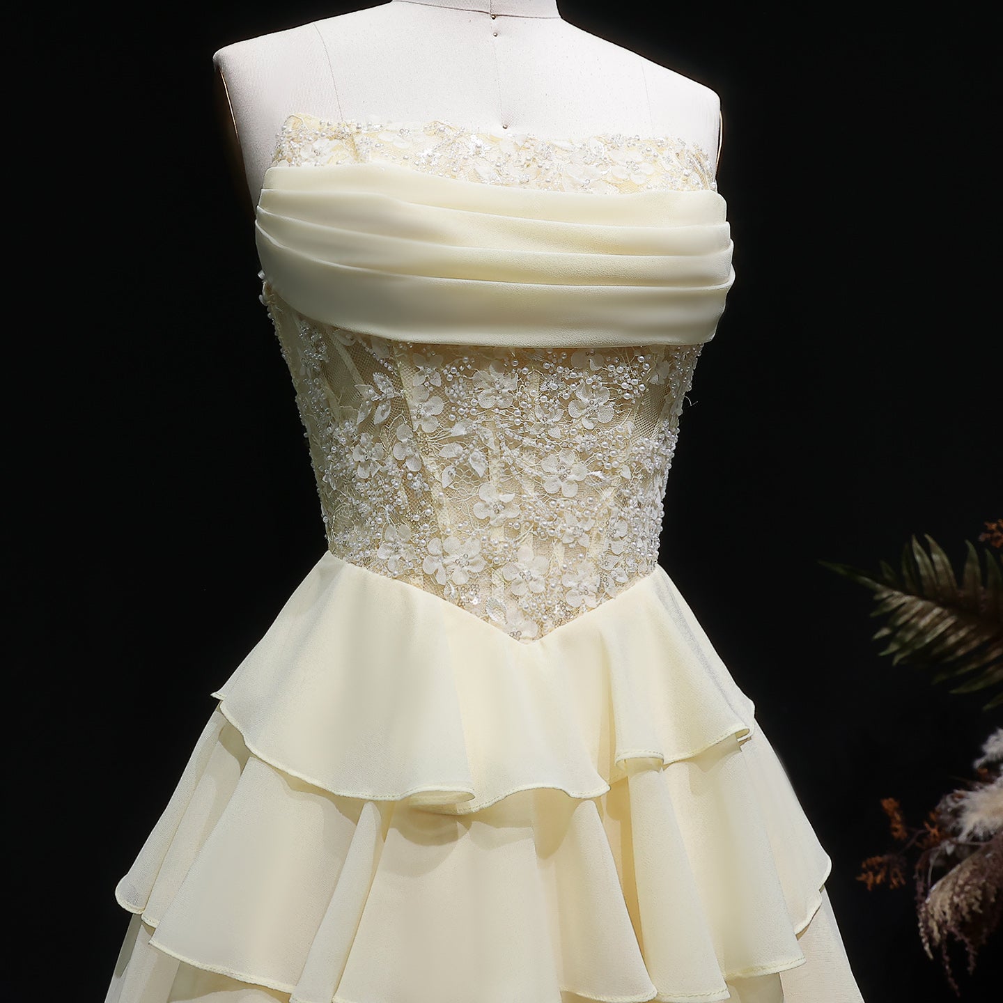 Yellow Strapless Lace Tiered Chiffon Homecoming Dress with Lace-Up Back RM143 Sheer Fairy