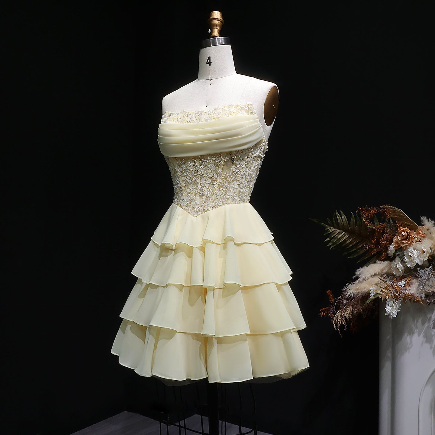 Yellow Strapless Lace Tiered Chiffon Homecoming Dress with Lace-Up Back RM143 Sheer Fairy
