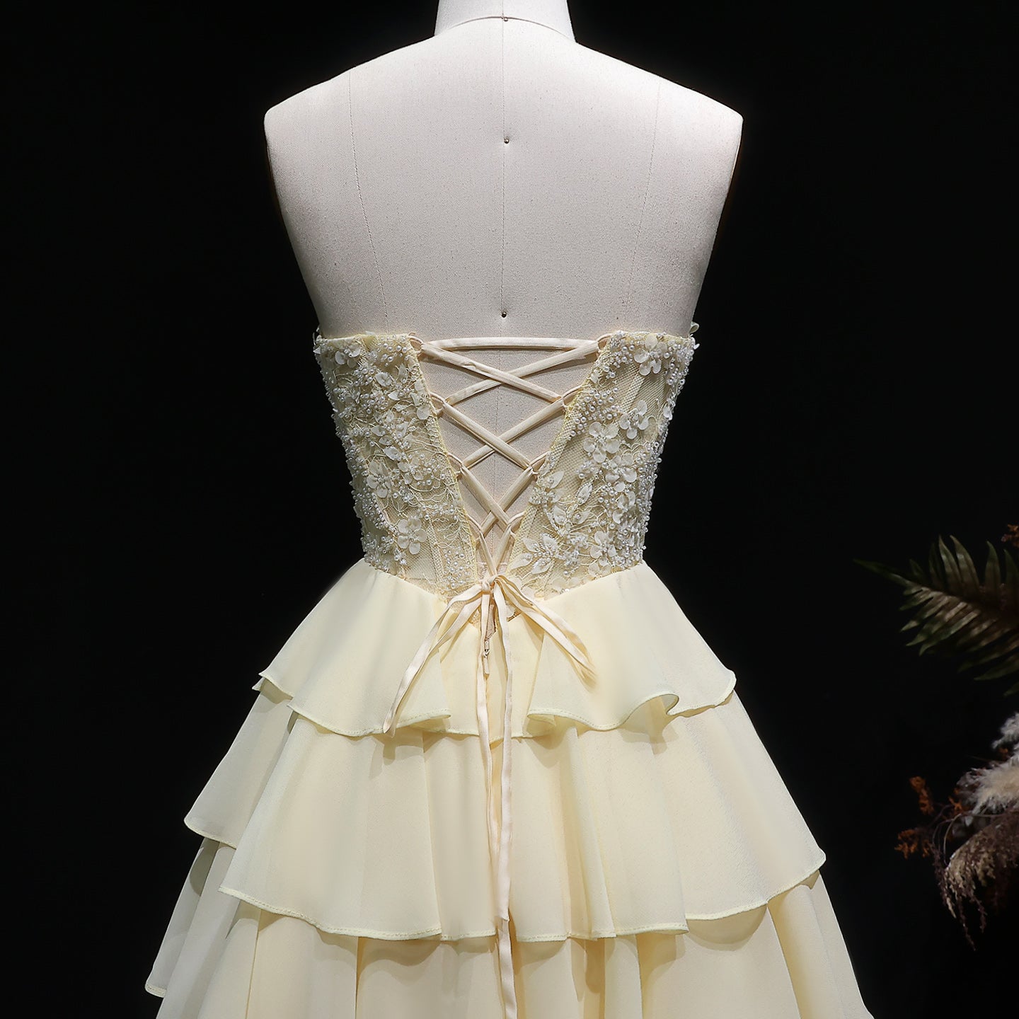 Yellow Strapless Lace Tiered Chiffon Homecoming Dress with Lace-Up Back RM143 Sheer Fairy