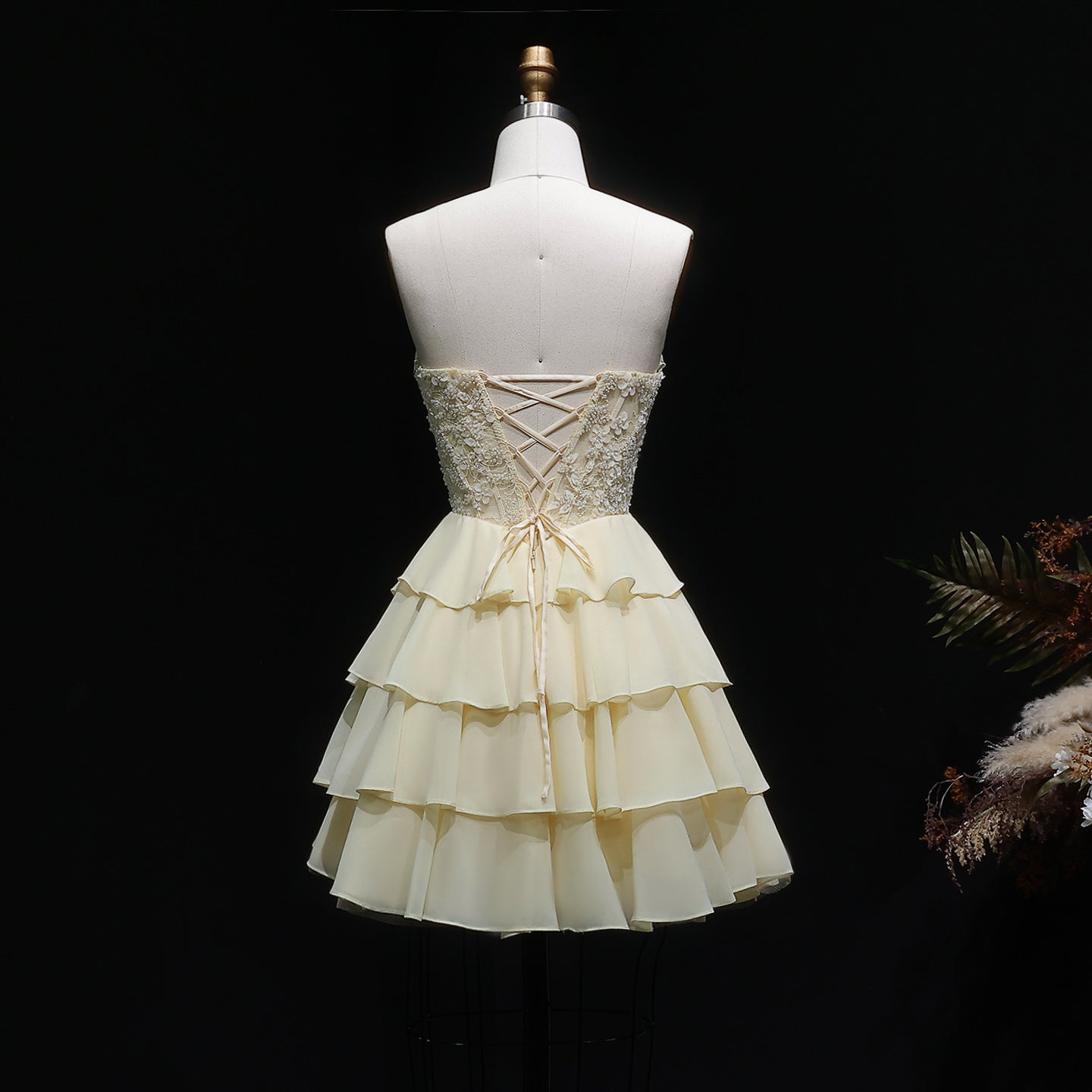 Yellow Strapless Lace Tiered Chiffon Homecoming Dress with Lace-Up Back RM143 Sheer Fairy