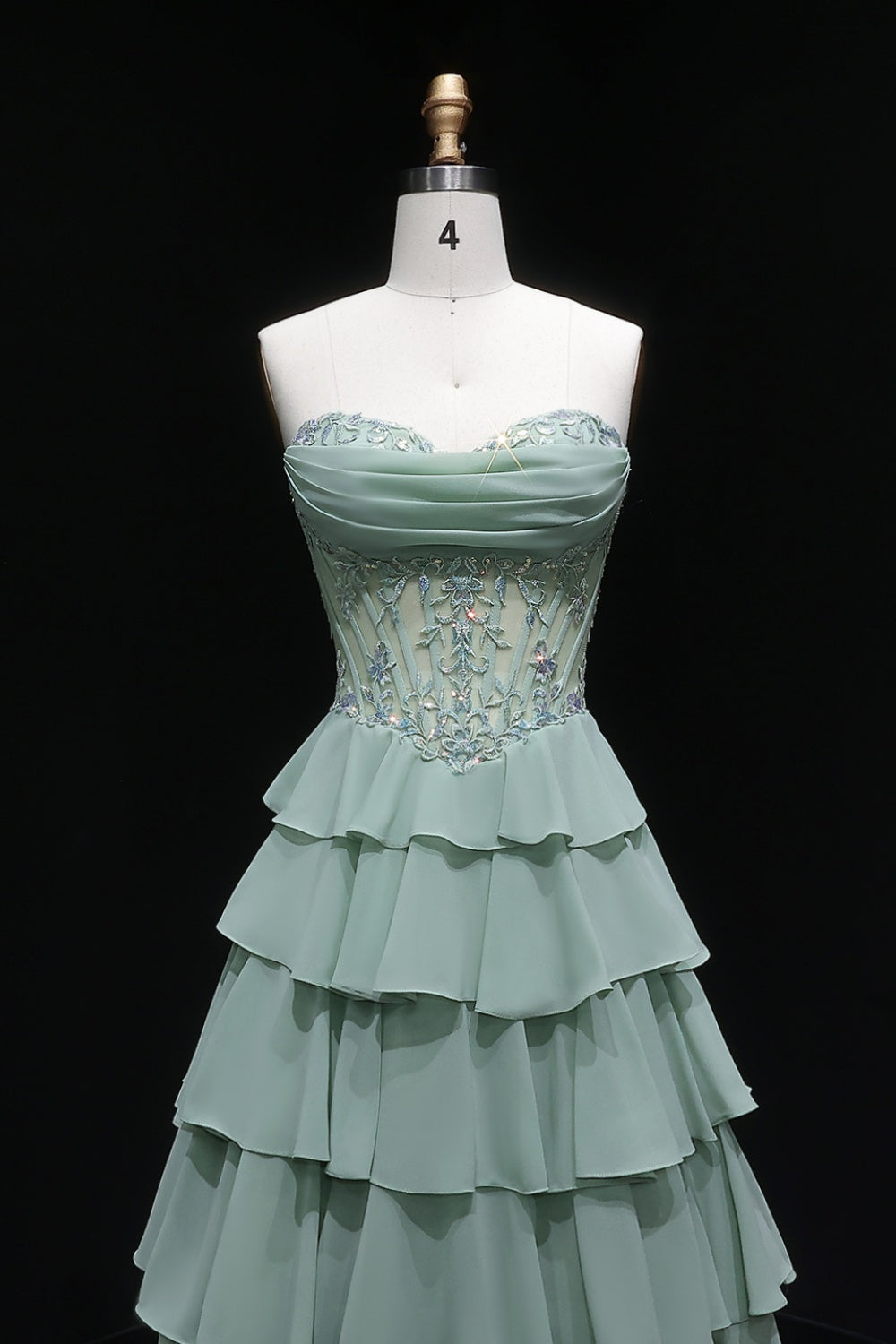 Sage Green Floral Appliqué Tiered Chiffon Prom Dress SH057 Sheer Fairy