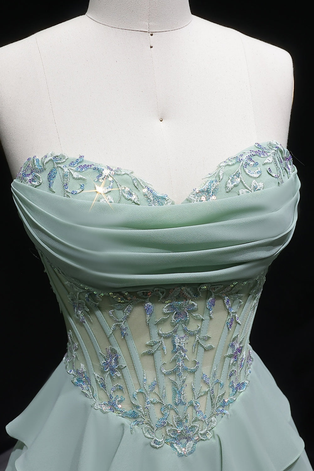 Sage Green Floral Appliqué Tiered Chiffon Prom Dress SH057 Sheer Fairy