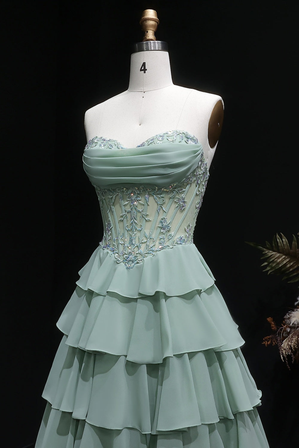 Sage Green Floral Appliqué Tiered Chiffon Prom Dress SH057 Sheer Fairy