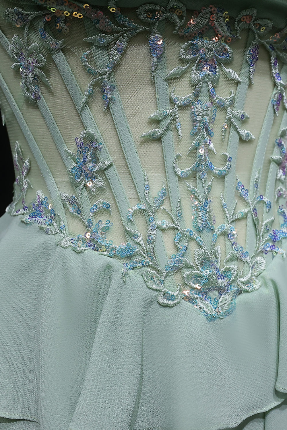 Sage Green Floral Appliqué Tiered Chiffon Prom Dress SH057 Sheer Fairy