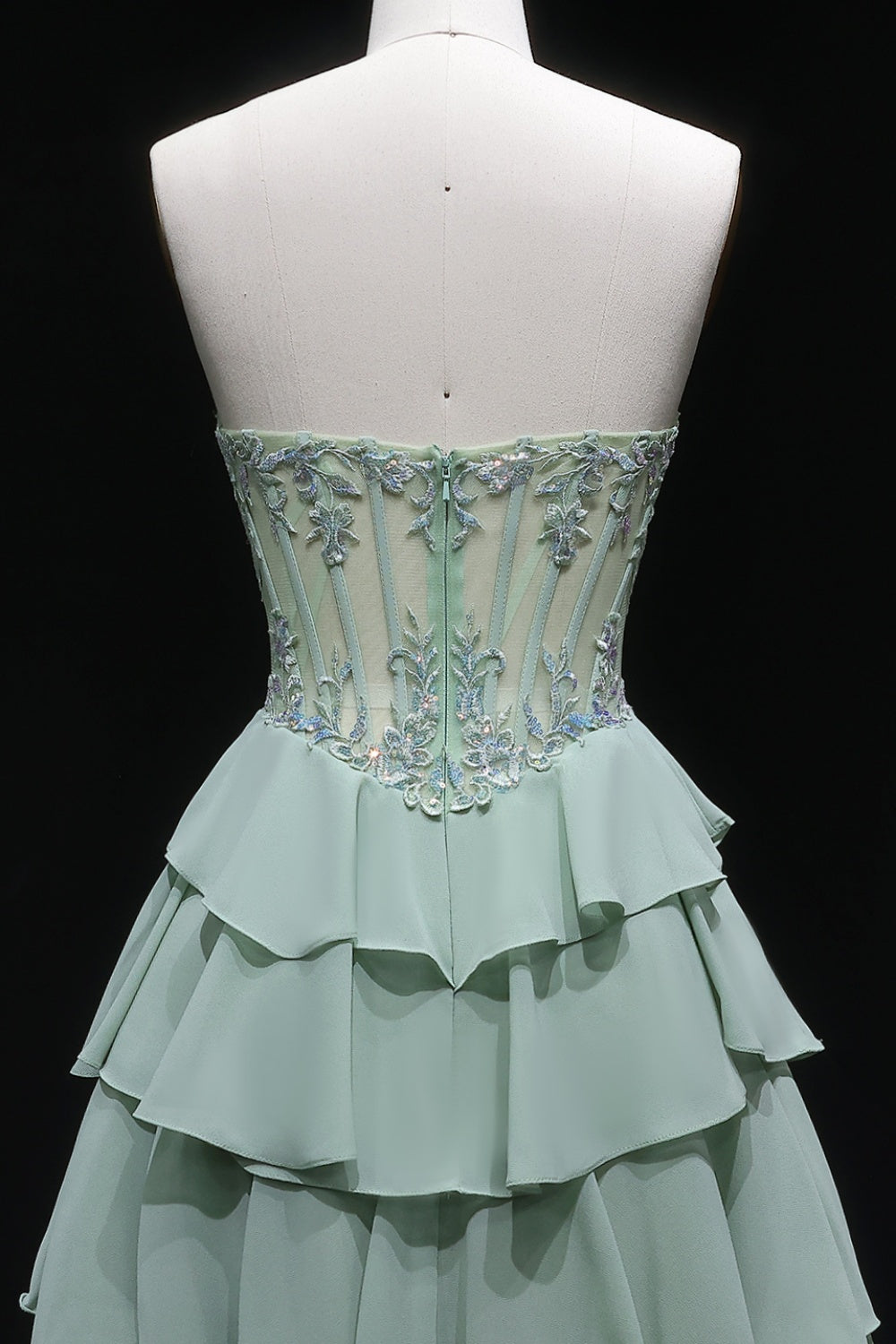 Sage Green Floral Appliqué Tiered Chiffon Prom Dress SH057 Sheer Fairy