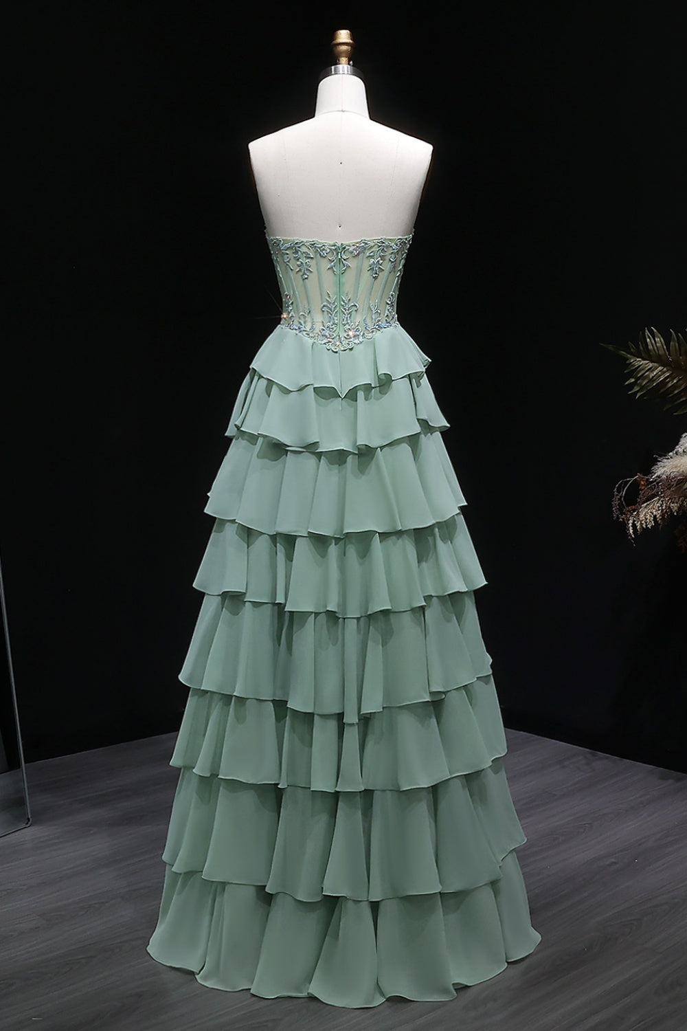 Sage Green Floral Appliqué Tiered Chiffon Prom Dress SH057 Sheer Fairy