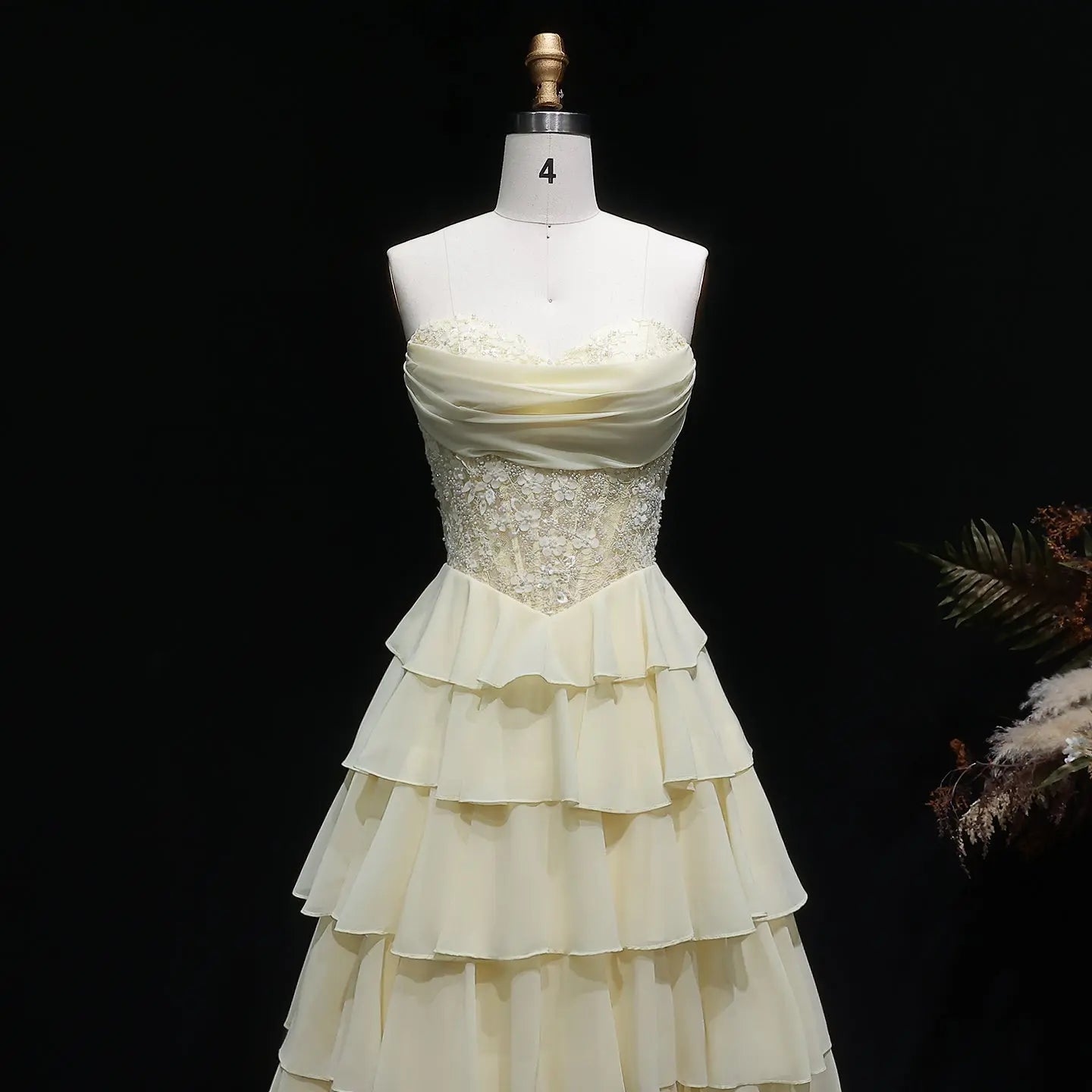 Pale Yellow Sweetheart Tiered Chiffon Long Evening Gown SH060 Sheer Fairy
