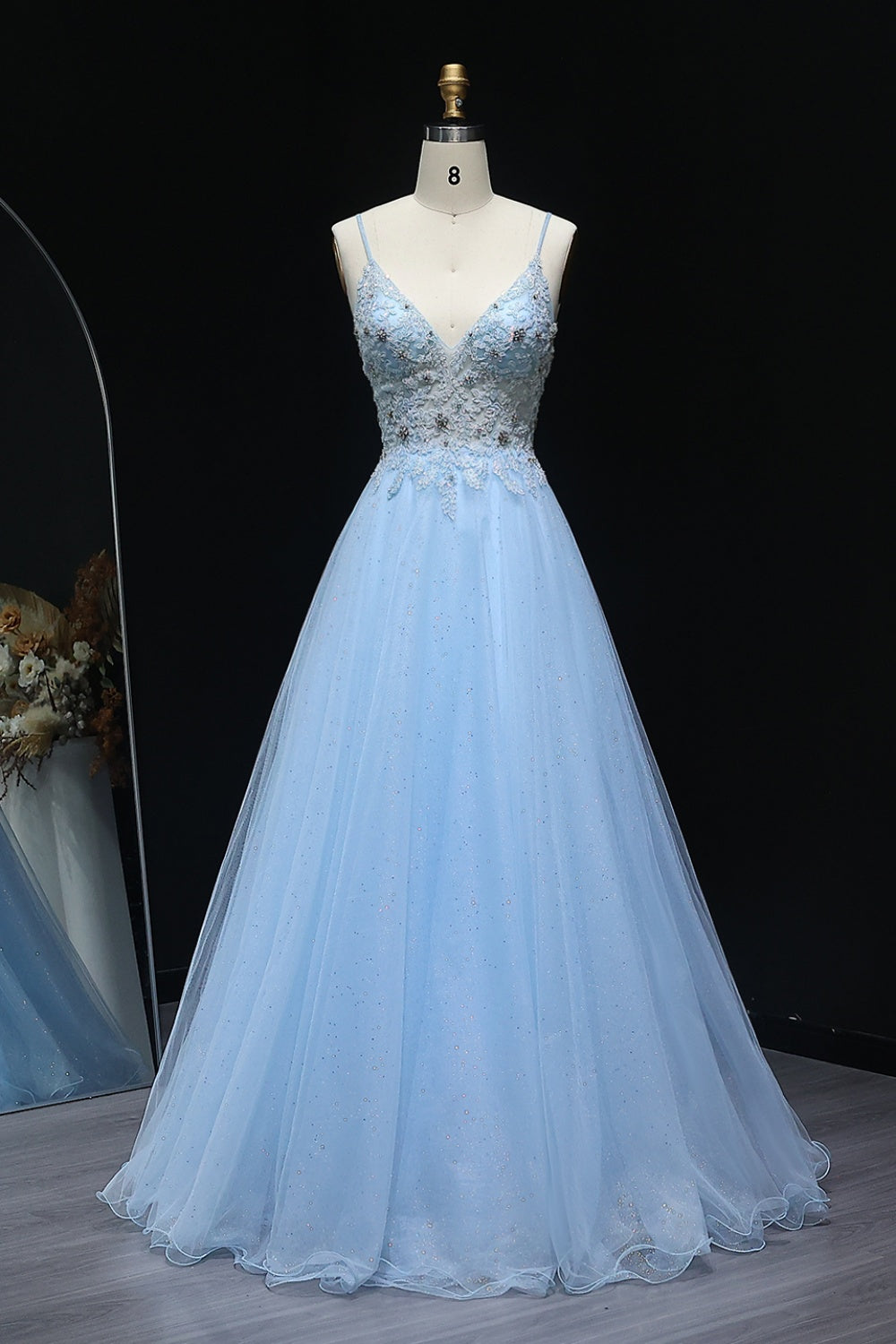 A-Line Spaghetti Strap Light Blue Tulle Prom Dress for Girls SH221 Sheer Fairy