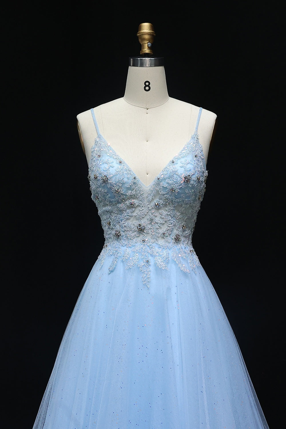 A-Line Spaghetti Strap Light Blue Tulle Prom Dress for Girls SH221 Sheer Fairy