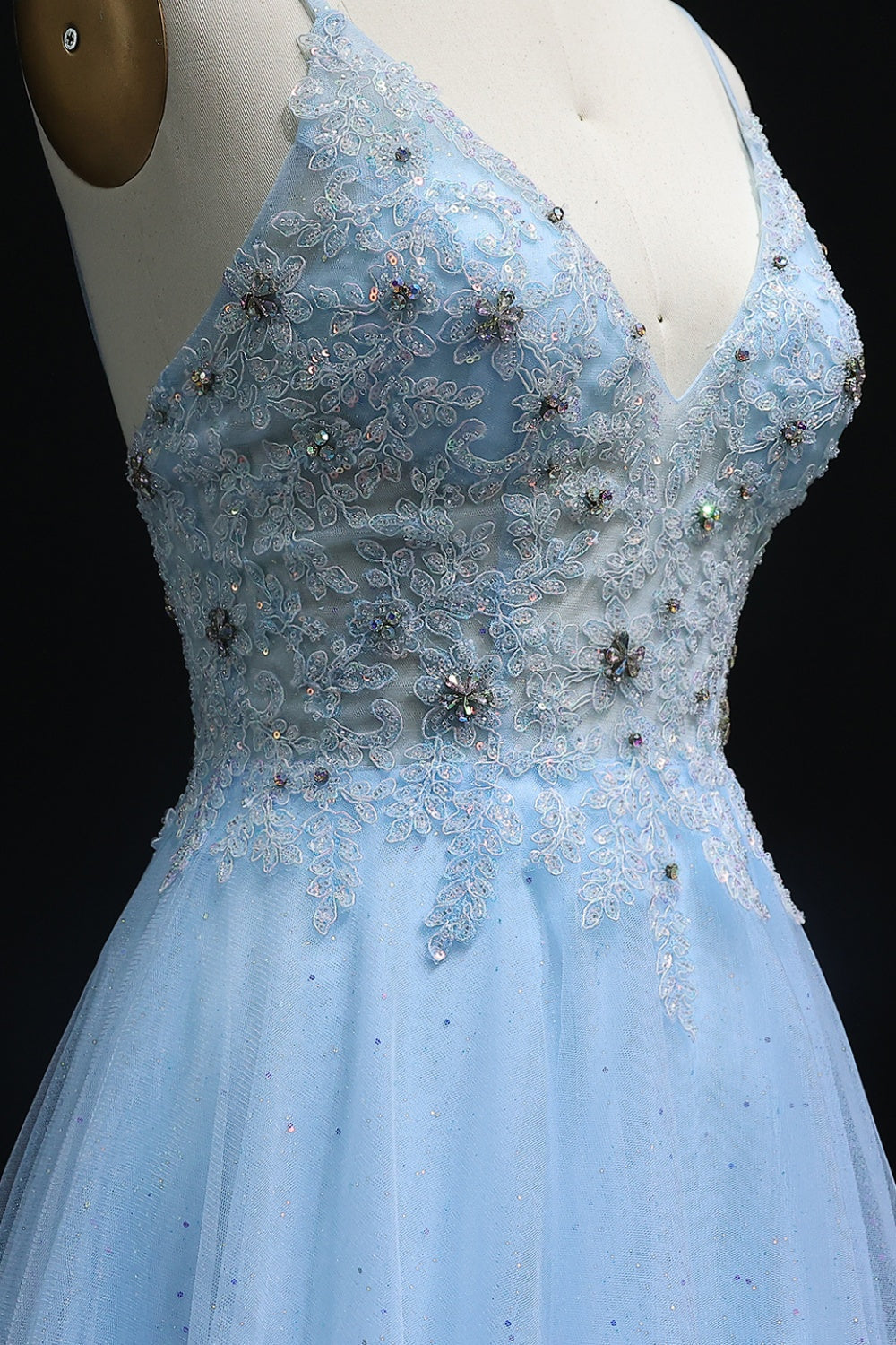 A-Line Spaghetti Strap Light Blue Tulle Prom Dress for Girls SH221 Sheer Fairy