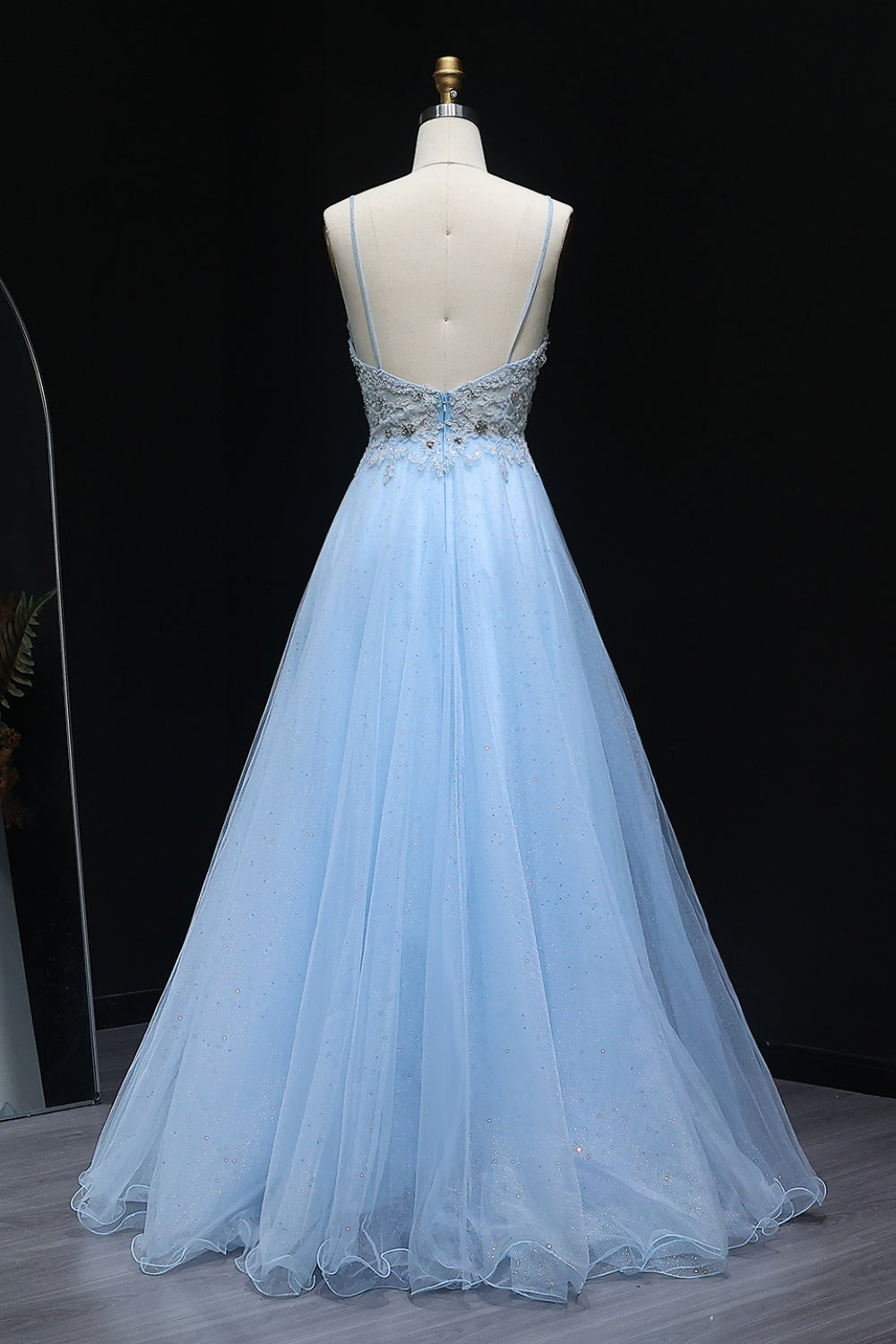 A-Line Spaghetti Strap Light Blue Tulle Prom Dress for Girls SH221 Sheer Fairy