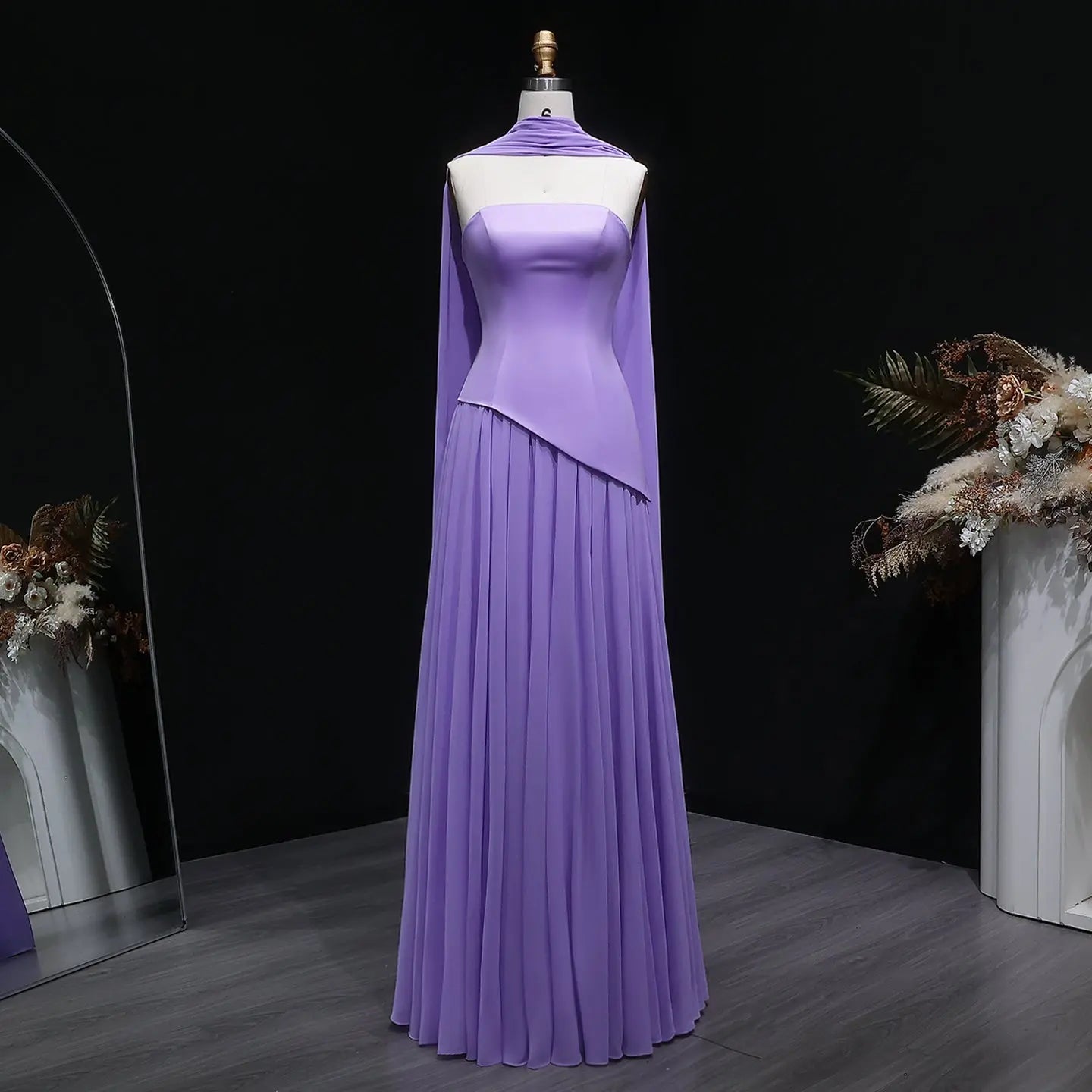 Yellow Strapless Chiffon Evening Gown with Scarf SH059 Sheer Fairy