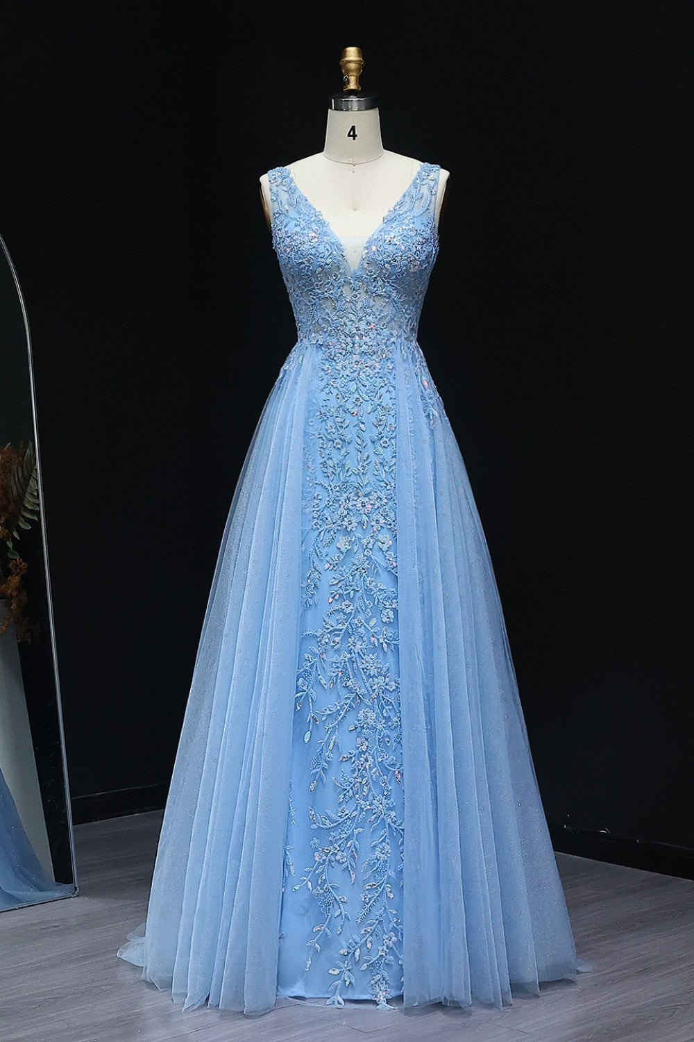 Luxury Blue Embroidery V-Neck Tulle Long Prom Dresses with Overskirt SH223 Sheer Fairy