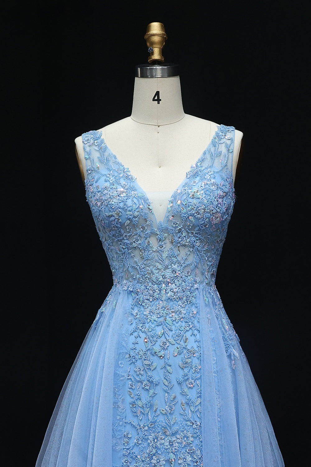 Luxury Blue Embroidery V-Neck Tulle Long Prom Dresses with Overskirt SH223 Sheer Fairy