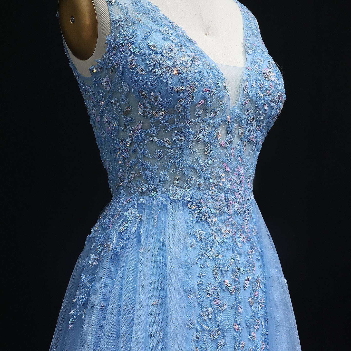 Luxury Blue Embroidery V-Neck Tulle Long Prom Dresses with Overskirt Wedding Birthday Party Gowns