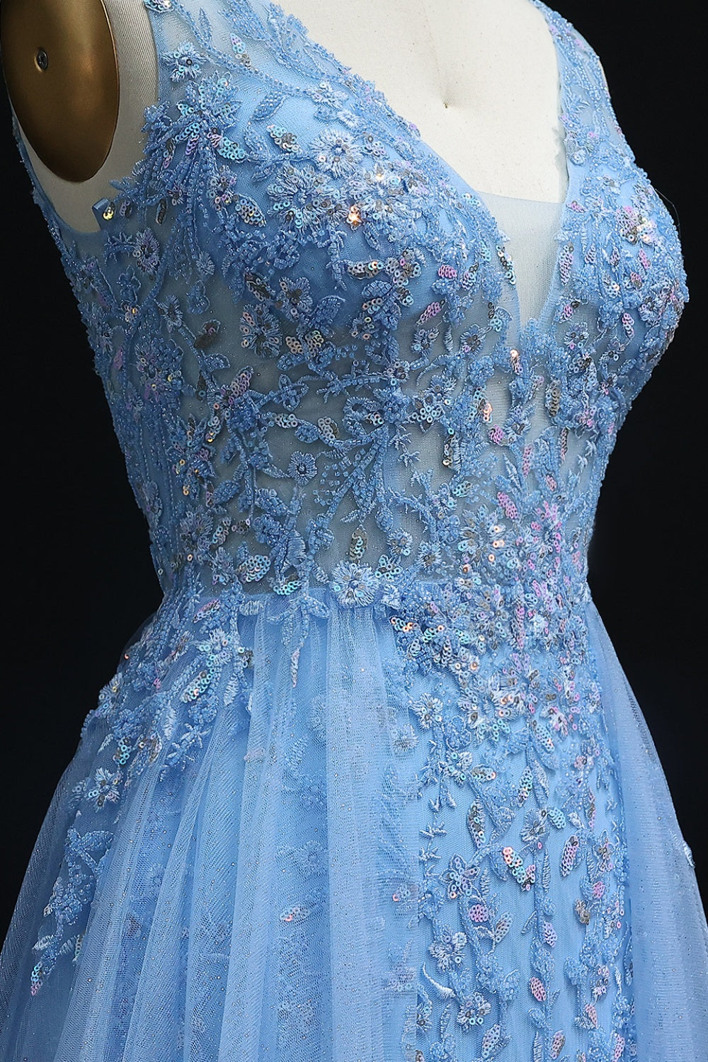 Luxury Blue Embroidery V-Neck Tulle Long Prom Dresses with Overskirt SH223 Sheer Fairy