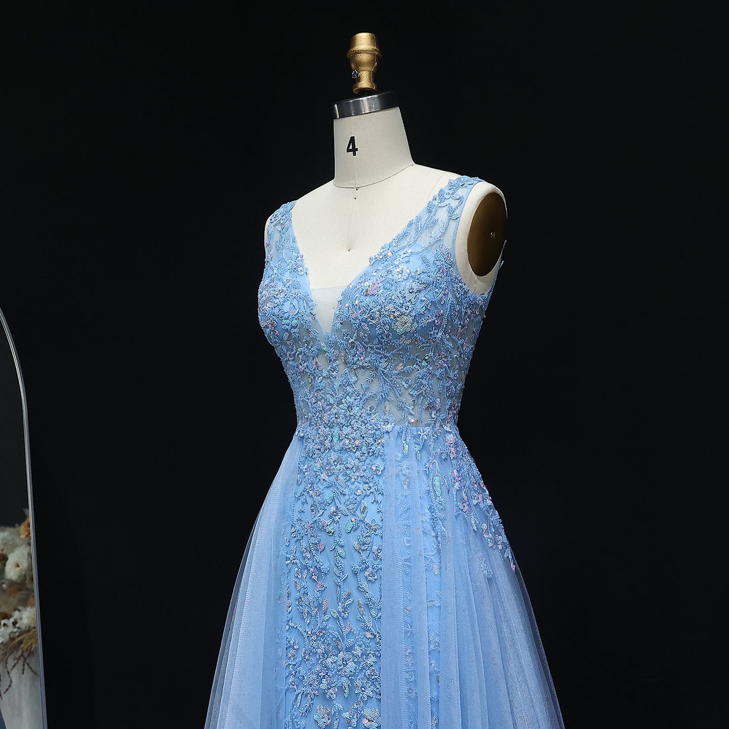 Luxury Blue Embroidery V-Neck Tulle Long Prom Dresses with Overskirt Wedding Birthday Party Gowns