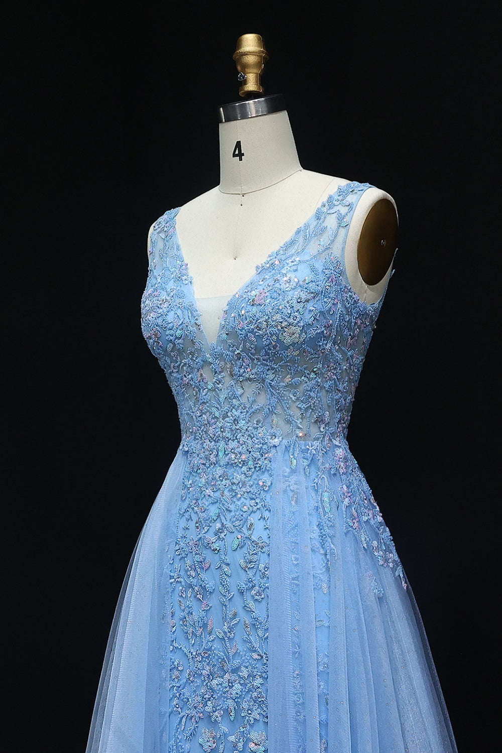 Luxury Blue Embroidery V-Neck Tulle Long Prom Dresses with Overskirt SH223 Sheer Fairy